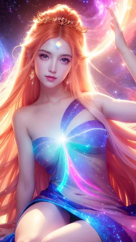 4K ultra hd, masterpiece, a girl with a magical aura, good face, long hair, shining hair, detailed eyes, glossy lips, wearing a dress in color orange, aura around the body, magical effects, spreading white and white lights, Cosmic elements and ethereal atm...