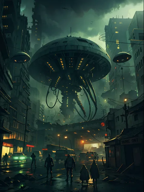 "Creepy and intense alien invasion scene with dark atmosphere, dramatic lighting, and intense action. Show powerful extraterrestrial creatures, advanced technology, destroyed cityscape, panicked civilians, and a sense of imminent danger. Generate an unsett...