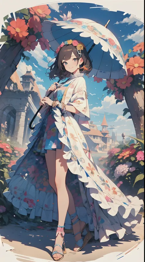 ((flowercrown),((beach parasol))，innocent smiles、eye glass、veranda、ancient city、(1 girl, Solo:1.6),(Cute smile),(Clothes are simple), (Best Impact:1.5), (maximalism:1.7), Vivid contrast, (Realistic), hyperrealistic illustrations, hight resolution, ultra-de...