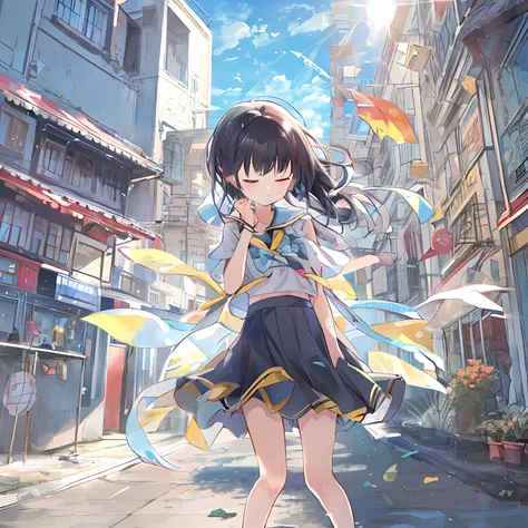 absurderes, hight resolution, (Anime style:1.1), ((masutepiece)), ((Best Quality)), (Ultra-detailed), (Beautiful), 独奏, Beautiful face、(liftup),Cute little girl standing on the street in Mediterranean port city,Wind,of shiny pale black hair, Colorful eyes,C...