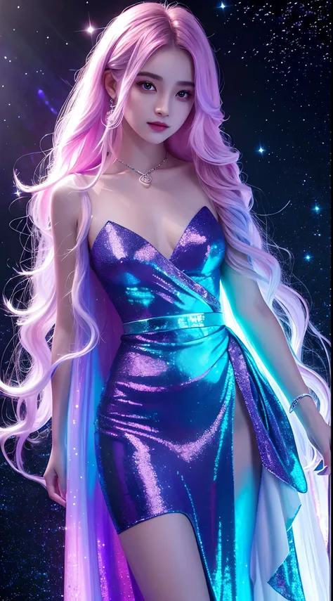 Background: Mysterious quantum environment, Cosmic elements and ethereal atmosphere，A mix of bright lights and colorful nebulae. Theme: A mysterious girl with a magical aura. She has long, Colorful wavy curls, The shiny hair stands out. His eyes are deep a...