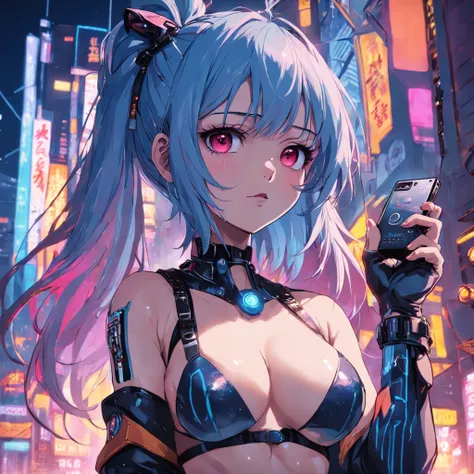 tmasterpiece，best qualtiy，cinematic Film still from，1girl，cyber punk perssonage，closeup cleavage，brightly，cheerfulness，the night、Holding a cell phone in one hand、Whole body diagram