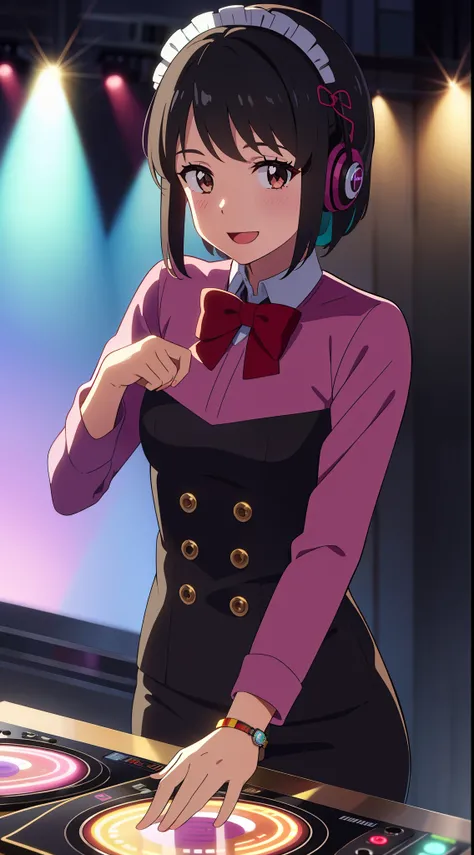 (((​masterpiece))), shinkai makoto, kimi no na wa., 1girl, bangs, black hair, brown eyes, blush, Lolita Performance Wear, red bow, red headband, red ribbon, short hair, looking at the viewer, cute, smile, open mouth, :D, couple, long sleeves, bracelet, DJ ...