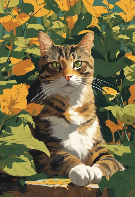 Create a captivating painting of a Tabby cat with green-yellow eyes, lying in a comfortable box with its head playfully poking out. The cat should have a lazy and content expression, capturing its relaxed demeanor. Set the scene in a sunny garden with dapp...