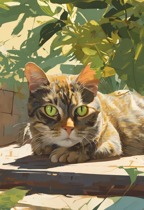 Create a captivating painting of a Tabby cat with green-yellow eyes, lying in a comfortable box with its head playfully poking out. The cat should have a lazy and content expression, capturing its relaxed demeanor. Set the scene in a sunny garden with dapp...