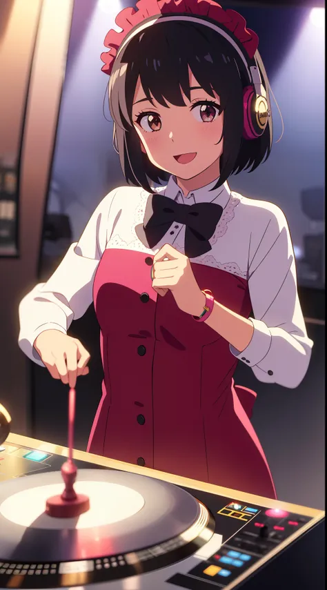 (((​masterpiece))), shinkai makoto, kimi no na wa., 1girl, bangs, black hair, brown eyes, blush, Lolita Performance Wear, red bow, red headband, red ribbon, short hair, looking at the viewer, cute, smile, open mouth, :D, couple, long sleeves, bracelet, DJ ...