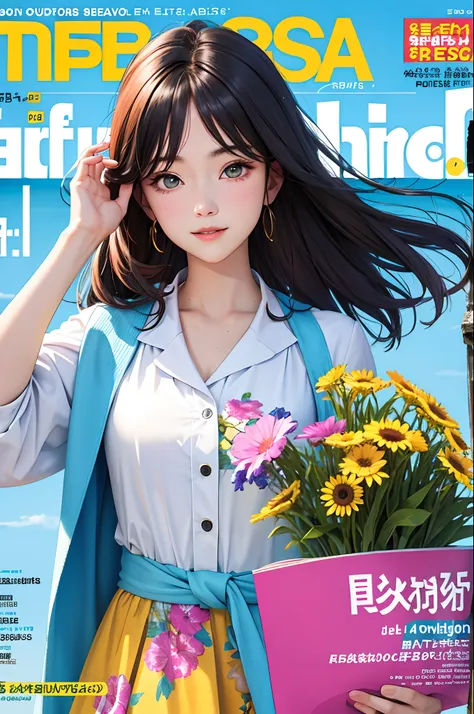 masterpiece, best quality, spring outfit, colorful hair, outdoor, magazine cover ,upper body,