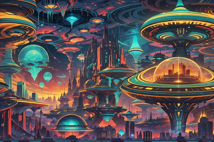 "Awe-inspiring Alien Invasion with intricate details, vibrant colors, and otherworldly features. Glimmering, mesmerizing eyes that radiate mystery and intelligence. Unique, extraterrestrial architecture blending with a bustling futuristic cityscape. Advanc...