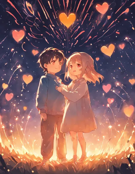 the night，Colorful，Fireworks all over the sky，Heart-shaped bubbles，Child couples，Cartoony，Chubby little girl and little boy hugging each other，Glowing fireflies around，，Cute and cute，KIDS ILLUSTRATION，Glow effects，Dingdall effect，depth of fields，high light...