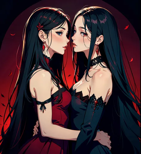 adesivo, fundo simples, portrait, 2 girls, couple, kissing, girl with long hair, beautiful scorpio girl, scorpio aesthetic, beautiful girl, very beautiful fantasy art, beautiful and elegant female scorpio, beautiful detailed fantasy, deep red and black col...