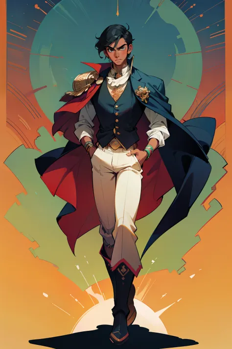 Create a male character, a determined young man with light and dark skin and black hair. His commanding gaze reflects his deep-rooted Mexican heritage. He wears a mariachi suit inspired by the charro tradition: shirt, pants and vest richly decorated with t...