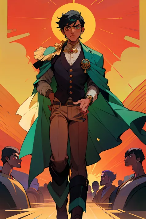 Create a male character, a determined young man with light and dark skin and black hair. His commanding gaze reflects his deep-rooted Mexican heritage. He wears a mariachi suit inspired by the charro tradition: shirt, pants and vest richly decorated with t...