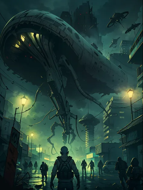 "Creepy and intense alien invasion scene with dark atmosphere, dramatic lighting, and intense action. Show powerful extraterrestrial creatures, advanced technology, destroyed cityscape, panicked civilians, and a sense of imminent danger. Generate an unsett...