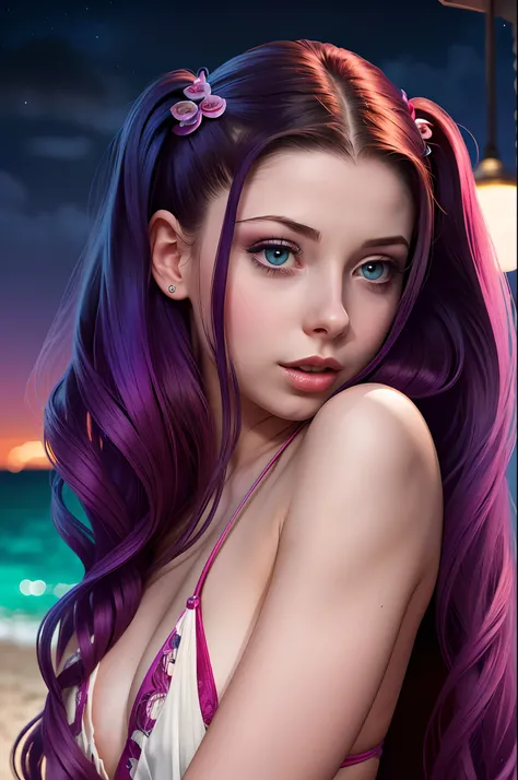 ((beste-Qualit)), ((tmasterpiece)), ((Realistic)), Ultra-detailed, young Michelle Trachtenberg, Twintails Medium Length Hairstyle, Evening paradise beach, excitement, aesthetics, Camilfo, Perfect colorful gradient, style Boris Valejo, —q 4 —s 750