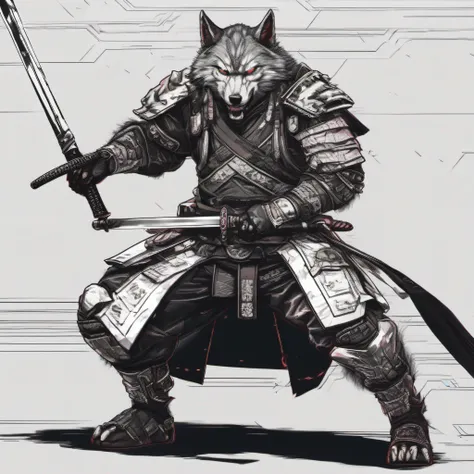 A muscular wolf samurai from a cyberpunk movie. He wears white armor. He is facing forward. He is posed drawing the Japanese sword at his waist. Detailed write-up. Black-based style.