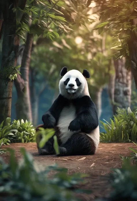 A sad panda sits on a bench, Face away from the camera，Looking Up The Sky，shot from a far distance，tmasterpiece, best qualityer, cinematic Film still from, ，bamboo forrest，movie light effect，Wide-angle environment，Movie Angle，Best quality，rendering by octa...