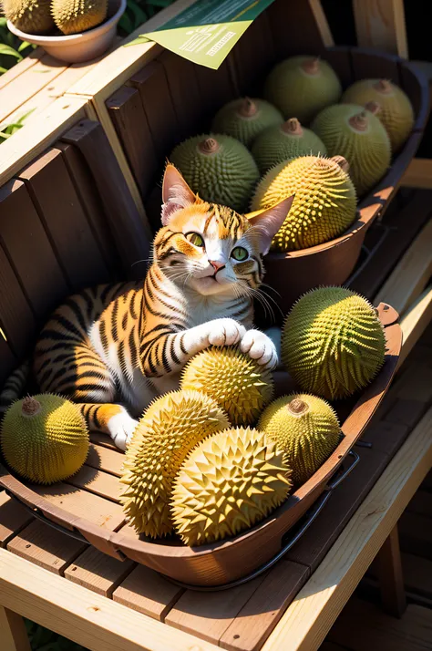 Durian on，With one cat，Cat HD，HighestQuali，Durian texture，Orange cat，professional photoshooting，The cat opened its eyes