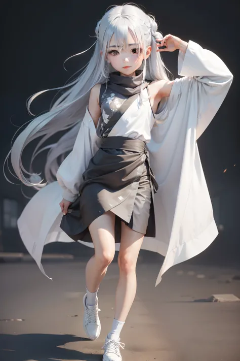 Kizi，Two-dimensional anime，Silver hair draped over his shoulders，Pretty beautiful，ssmile，JK，White shoes