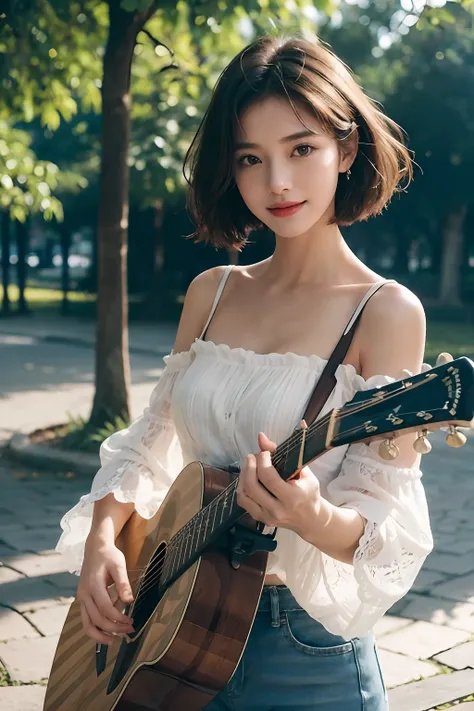 (Girl standing and playing guitar in park:1.3),White lace loose shirt emphasizing off-shoulder chest,tight skirts,Visible through the fabric.Solo Idol Girl,Happy smile,short hair with shiny light brown and pink stripes,,Perfect face,Proper body proportion,...