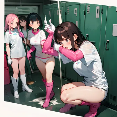 (masuter piece、hightquality)、multipel Girls、hi-school girl、Locker room in the gymnasium、(white  panties)、white t-shirts、(Group Selfies)、Dark hair、Enamel gloves、Pink enamel gloves、Pink enamel gloves、Pink long rubber gloves、Glossy pink gloves、whole body soak...