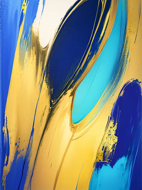 Painting of yellow artwork on blue background, digital mixed media painting, ultramarine blue and gold, Gold and indigo, colors with gold and dark blue, touch of gold leaf, Abstract drawing techniques, semiabstract, in style of digital painting, some yello...