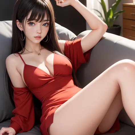 lean back on the sofa and legs up, super high image, super detail, super high resolution, anime, manga, illustration, super cute beauty