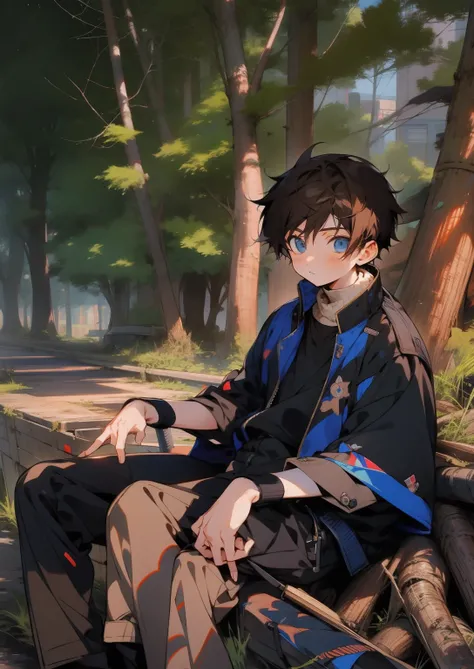 anime, boy, Brown hair, short hair, blue eyes, stylish jacket, black pants