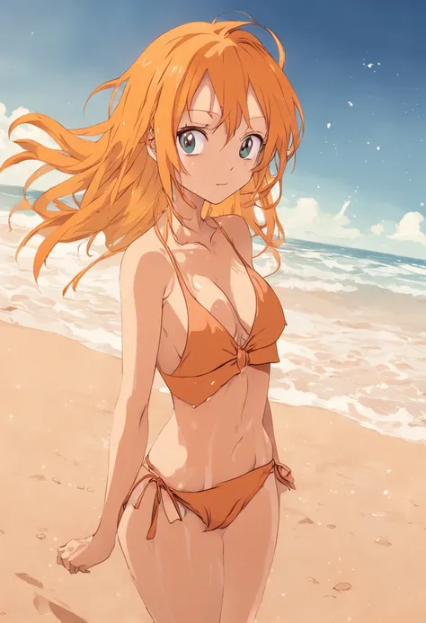 Nami in One Piece,in a bikini,beach sand background,Simple art style,Less highlights