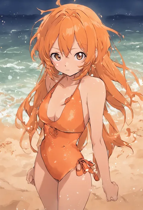 Nami in One Piece,in a bikini,beach sand background,Simple art style,Less highlights