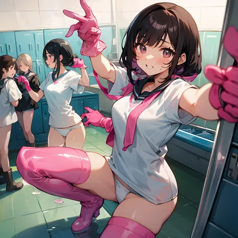 (masuter piece、hightquality)、multipel Girls、hi-school girl、Locker room in the gymnasium、(white  panties)、white t-shirts、(Group Selfies)、Dark hair、Enamel gloves、Pink enamel gloves、Pink enamel gloves、Pink long rubber gloves、Glossy pink gloves、whole body soak...