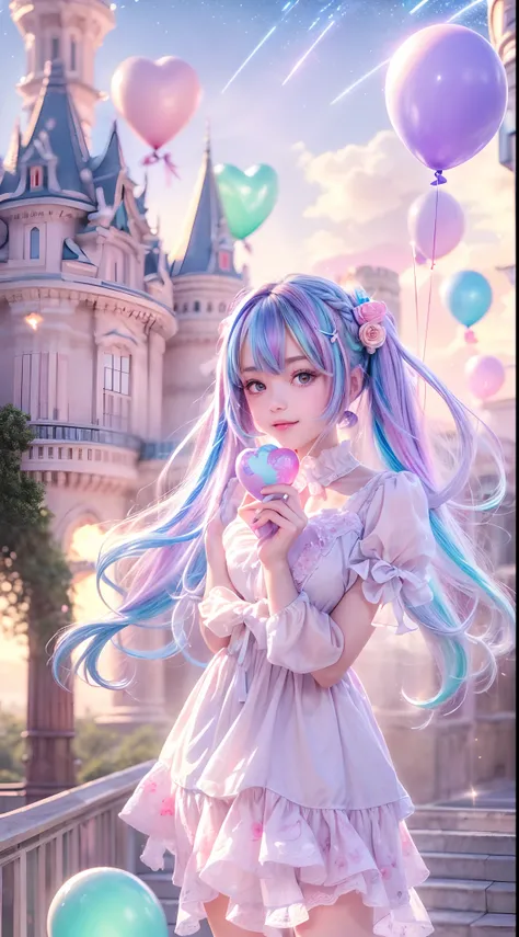 (fullbody, legs and shoes visible: 1.2)) expressive eyes, woman, pale skin, long hair, windblown hair, ((absurdly long hair)), long sidelocks, hime bangs, hair fringe, hair bun, ((very long twintails)), iridescent hair, light pink hair, blushing, full face...