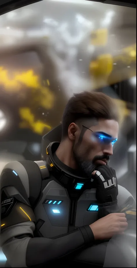 fking_scifi, award-winning photo of a man, black flight suit with yellow accents, brown hair, (gray eyes:1.35), square jawline,black long beard,asymmetric face, standing in front of a window on a space ship, 80mm, bokeh, mass effect, close up, fking_cinema...