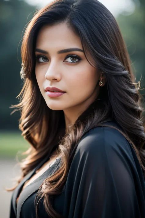 Portrait of A confident-looking Indian woman with long flowing hair, hazel eyes, with flowing capes, sitting in the park, without wearing cloths, with perfect composition, hyperrealistic, super detailed, 8k, high quality, trending art, trending on artstati...