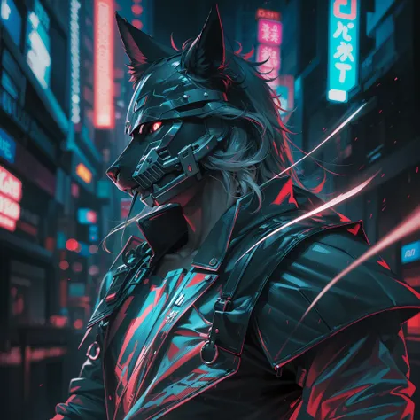 A muscular wolf samurai from a cyberpunk film stands poised, drawing a hyper-realistic Japanese sword from his waist. He dons pristine white armor, reflecting the neon lights of the city. The aura of killing intent radiates from his back, casting an ominou...