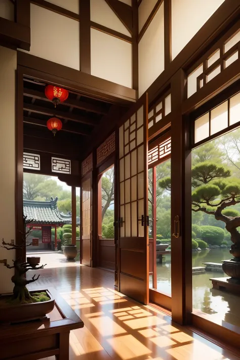 There is a Chinese garden in front of the door，Grow traditional bonsai and small bridges。The lobby floor is covered with antique red bricks，The ceiling is carved out of wood，Traditional Chinese arts and crafts are exhibited。