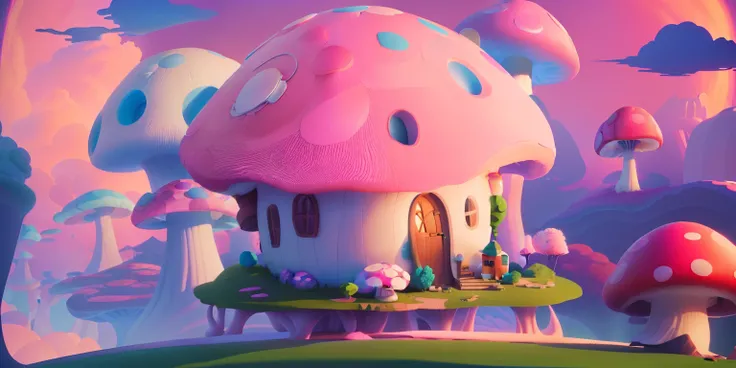 Small house with a mushroom roof, mushroom house,  stylized as a 3d render, stylized 3d render, Stylized concept art, houses in the shape of mushrooms, 3 d render stylized, Mushroom hut in the background, in a candy land style house, mushroom，Pink and whit...