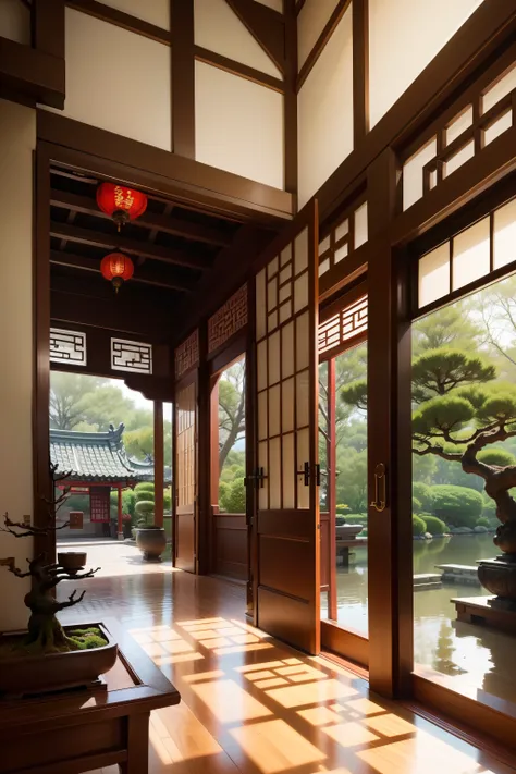 There is a Chinese garden in front of the door，Grow traditional bonsai and small bridges。The lobby floor is covered with antique red bricks，The ceiling is carved out of wood，Traditional Chinese arts and crafts are exhibited。