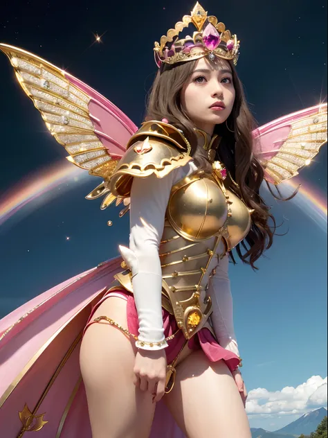 (masutepiece), Professional , ​masterpiece、top-quality、photos realistic , depth of fields （Gemstone Silver Metal Body:1.９),(Matte Pink、Jewel Gold Weapon、（Gorgeous castle background）、（ultimate beauty girl）、（Rainbow fairy wings grow）、Particles of light、（Jewe...