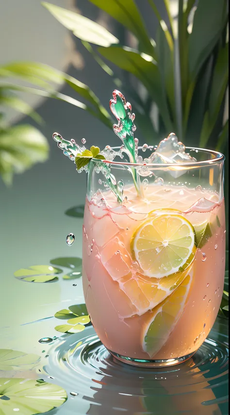 Large glass of pale pink soda with ice, summer feel, delicate, ultra-detailed, soft light, deep field focus bokeh, ray tracing, diffuse, ultra-fine, round cup, cute oval cup, light green background, wallpaper, background green, super delicate water pattern...