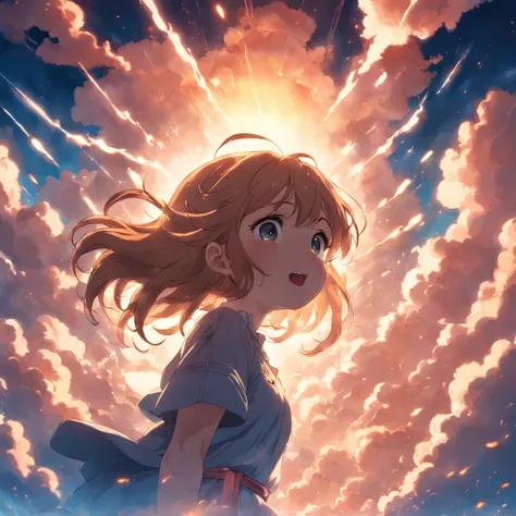 masterpiece, best quality, movie still, 1girl, cloud girl, floating in the sky, close-up, bright, happy, warm soft lighting, sunset, (sparks:0.7)