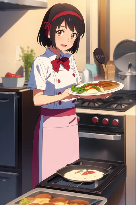 shinkai makoto, kimi no na wa., 1girl, bangs, black hair, blush, brown eyes, chef outfit, looking at the viewer, bow, red bow, headband, red headband, ribbon, red ribbon, short hair, smile, cute, solo, short sleeves, open mouth, white skirt, stove, frying ...