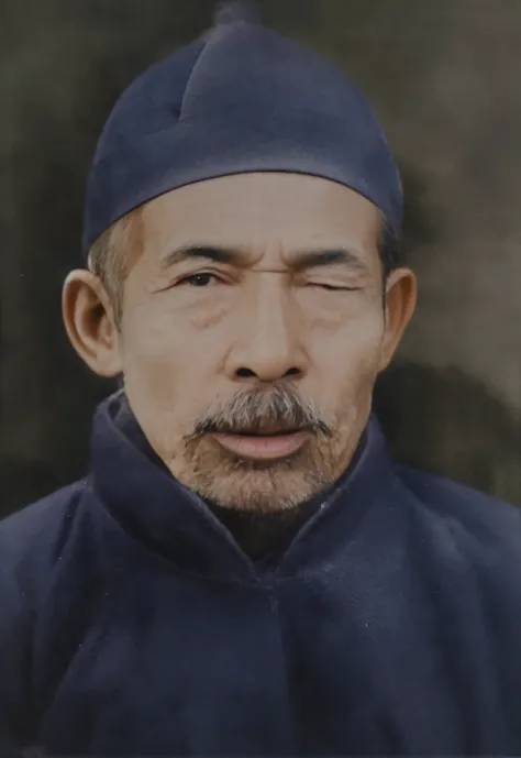 A photo of a 70-year-old，white mustache，Gray hair，one eye closed，Wears a Chinese black hat，Dressed in Chinese black，clean backdrop，The clothes are clear，Hat washing，The texture is clear，HD8K