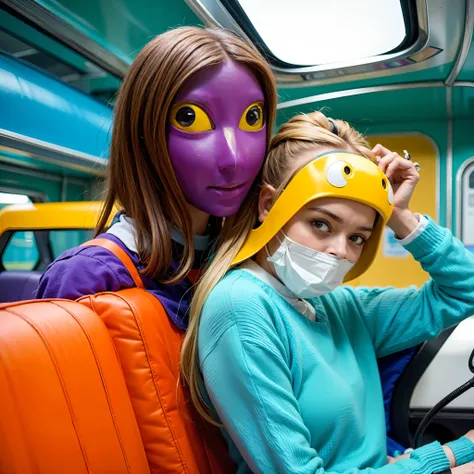 Two women in masks on a bus with a passenger, movie still of the alien girl, inspirado em Chris LaBrooy, the robot wearing her human mask, Fotografia Alexey Gurylev, bird mask, ainda de um filme live action, people are wearing masks, Jogo de Lula, Fotograf...