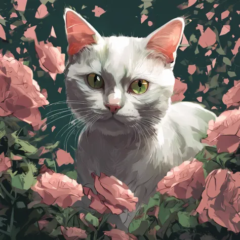 Perfect centering, Cute cat, Wearing a jacket，American short cat，green-eyed，Rose flower, Wearing headphones, cheerfulness, Standing position, Abstract beauty, Centered, Looking at the camera, Facing the camera, nearing perfection, Dynamic, Highly detailed,...