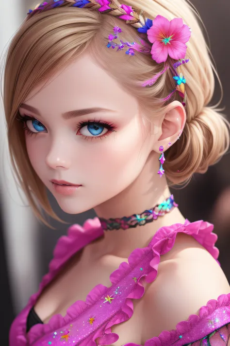 unparalleled masterpiece ever, super realistic 8K , erfect artwork、Cultural fashion for teens in the UK、Sexy and colorful、shockingpink、((a miniskirt))、frilld、Womens glitter fashion、A detailed face、face perfect、perfect  eyes、high-detail