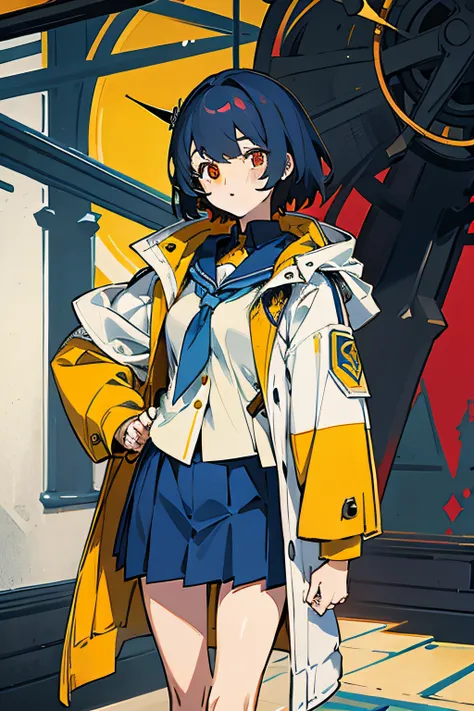 Yellow coat，red pupils，blue short pants，schoolgirls，School Background，