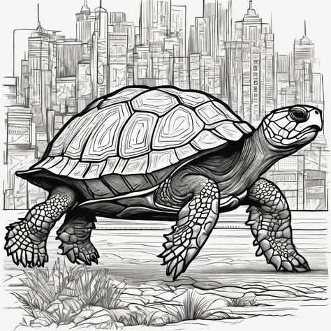 turtle walking, quality, drawing, line doodle, monochrome scheme, no background, classic style