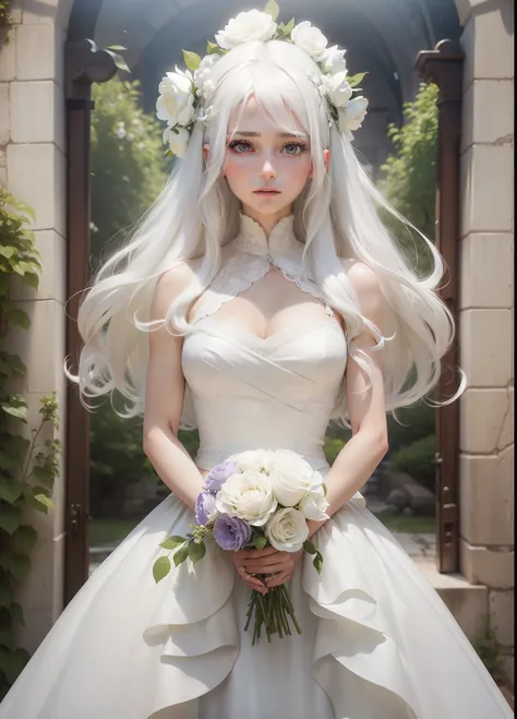 I am a girl, white hair, long hair, white wedding dress, holding flowers, realistic, ultra detailed, 70mm lens