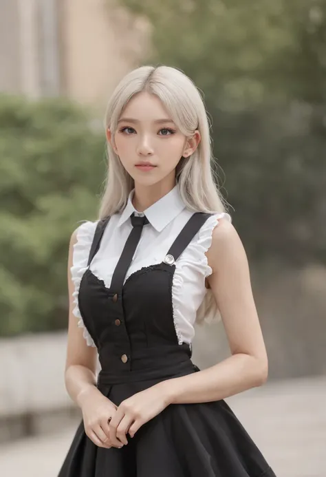 best quality, ultra high res, 1girl, sleeveless white button shirt, black skirt, black choker, cute, (Kpop idol), (aegyo sal:1), (platinum blonde hair:1), ((puffy eyes)), looking at viewer, full body, facing front