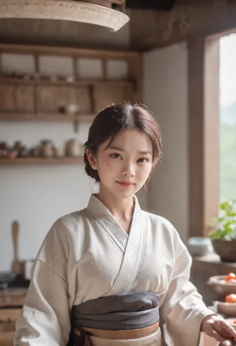 kitchens、Woman cooking、Wear Hanfu、Hold the pan in your left hand、Touch your head with your right hand、Background windows let in light、Sunnyday、Background kitchen water practice、fluency、small boobs、Cute smile、horse tailed、Bright environment、bust、A high reso...